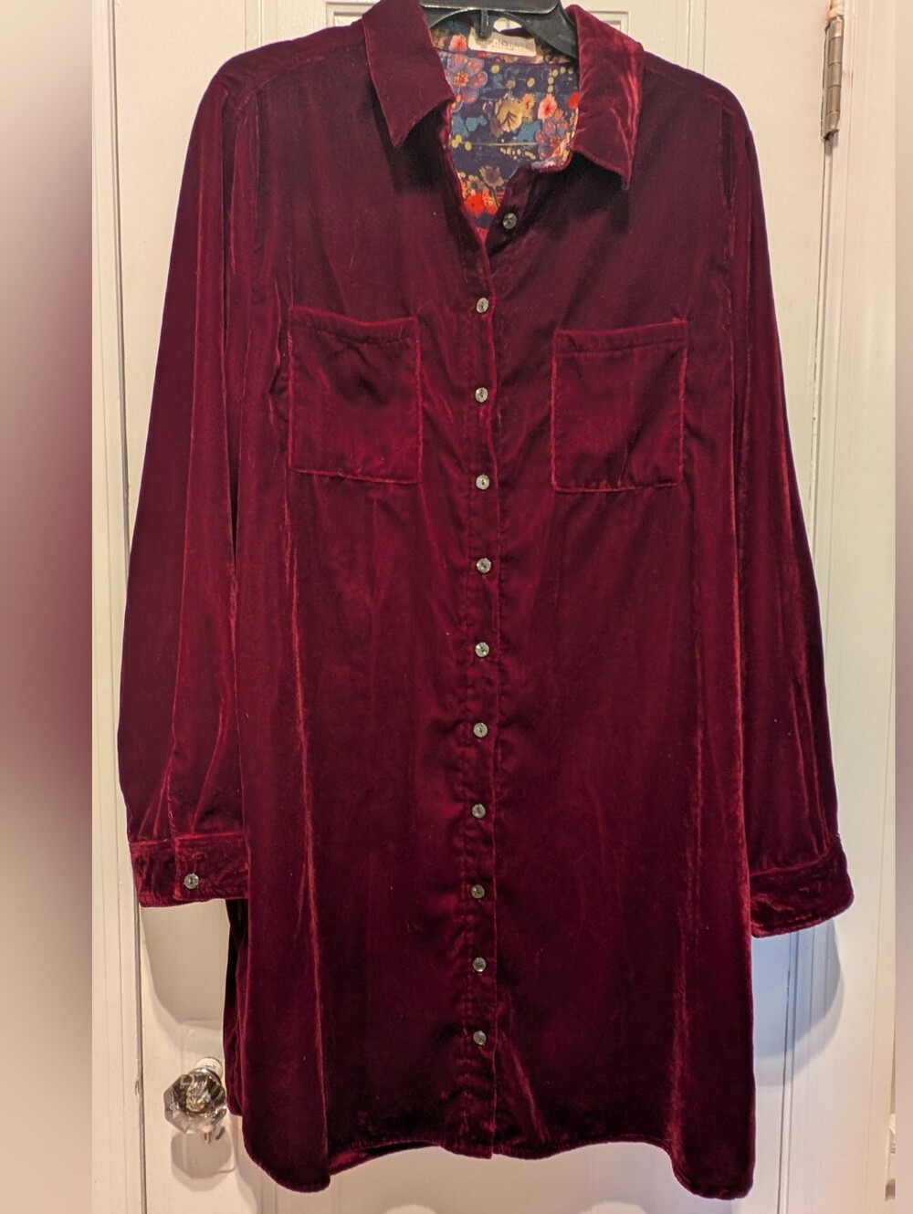 NATURAL LIFE Velvet Longline Button-Up Dress in Deep Wine